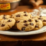 A plate of freshly baked Crisco chocolate chip cookies with chocolate chips on top, displayed on a wooden table with baking ingredients in the background