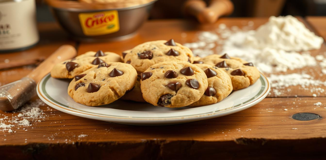 A plate of freshly baked Crisco chocolate chip cookies with chocolate chips on top, displayed on a wooden table with baking ingredients in the background