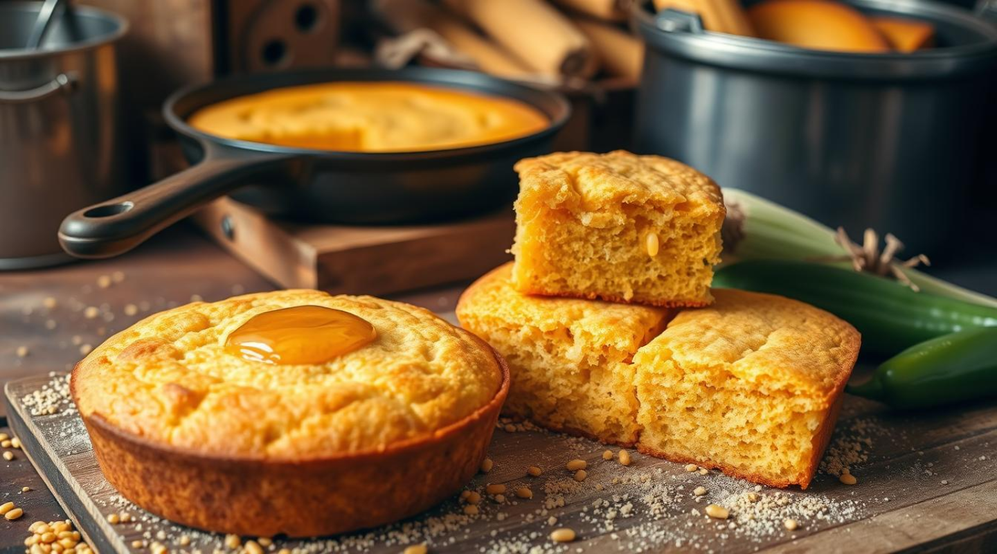 Freshly baked Southern cornbread served with a drizzle of honey, surrounded by cooking tools and fresh corn ingredients.