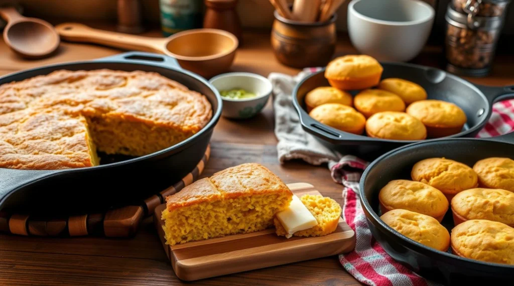Southern cornbread baked in skillets and muffin tins, with a slice served on a wooden board topped with butter, surrounded by rustic kitchen tools.