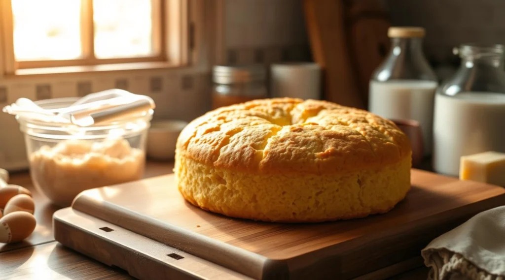 A freshly baked Southern cornbread loaf on a wooden cutting board, surrounded by baking ingredients like eggs, flour, and milk, in a sunlit kitchen.