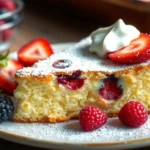 A slice of kefir sheet cake topped with fresh strawberries, raspberries, and blueberries, garnished with powdered sugar and whipped cream