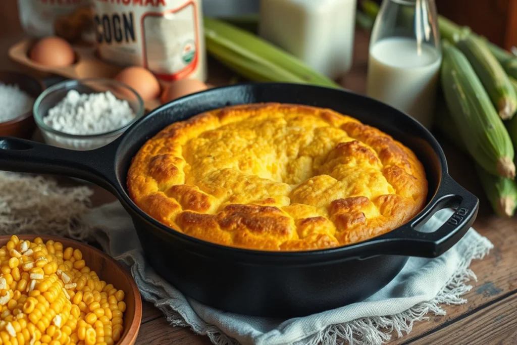 Golden Southern cornbread baked in a cast iron skillet, surrounded by fresh ingredients like corn, eggs, flour, and milk on a rustic wooden table.