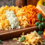 A wooden board filled with various types of shredded cheese, including cheddar and mozzarella, alongside basil leaves, parsley, and colorful bell peppers