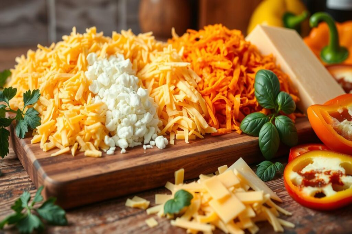 A wooden board filled with various types of shredded cheese, including cheddar and mozzarella, alongside basil leaves, parsley, and colorful bell peppers