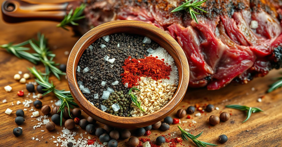 A wooden bowl filled with spices, including coarse salt, black pepper, garlic flakes, and paprika, placed on a wooden surface surrounded by fresh rosemary, whole peppercorns, and a prime rib roast in the background