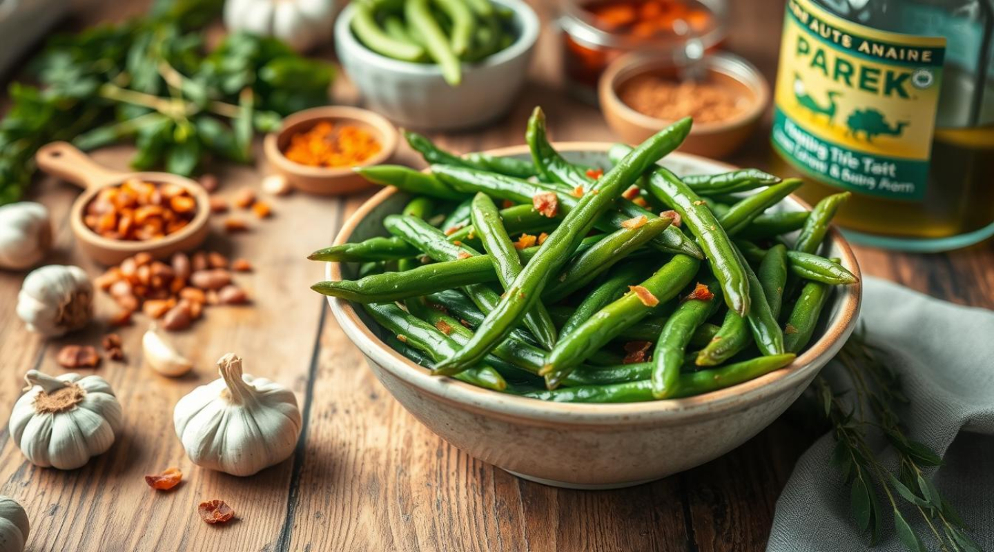 A bowl of fresh green beans garnished with crispy bits, surrounded by garlic, spices, and herbs on a wooden table