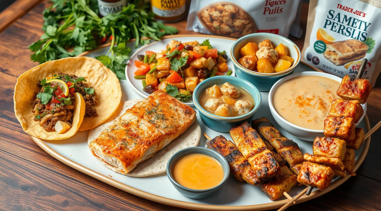 A vibrant platter of Trader Joe's fish recipes featuring grilled fish fillet, skewered fish bites, a fish taco, vegetable salad, dipping sauce, and parsley garnish