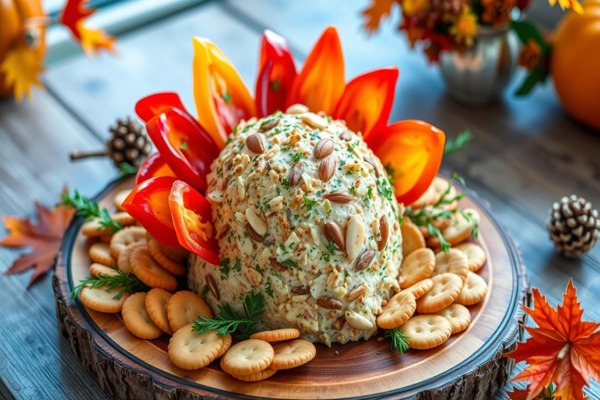 A decorative turkey-shaped cheese ball surrounded by crackers and garnished with colorful red and orange pepper slices, placed on a wooden serving platter with an autumn-themed background