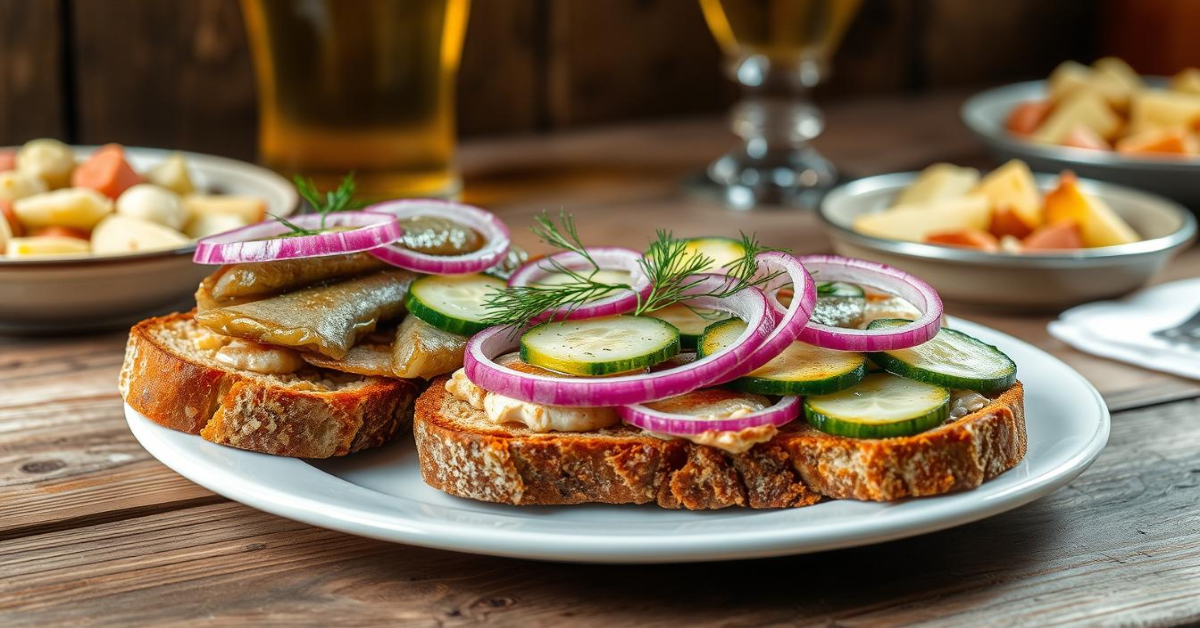 Two slices of crusty bread topped with pickled herring, cucumber slices, red onion rings, and fresh dill, served on a white plate with sides and beverages in the background