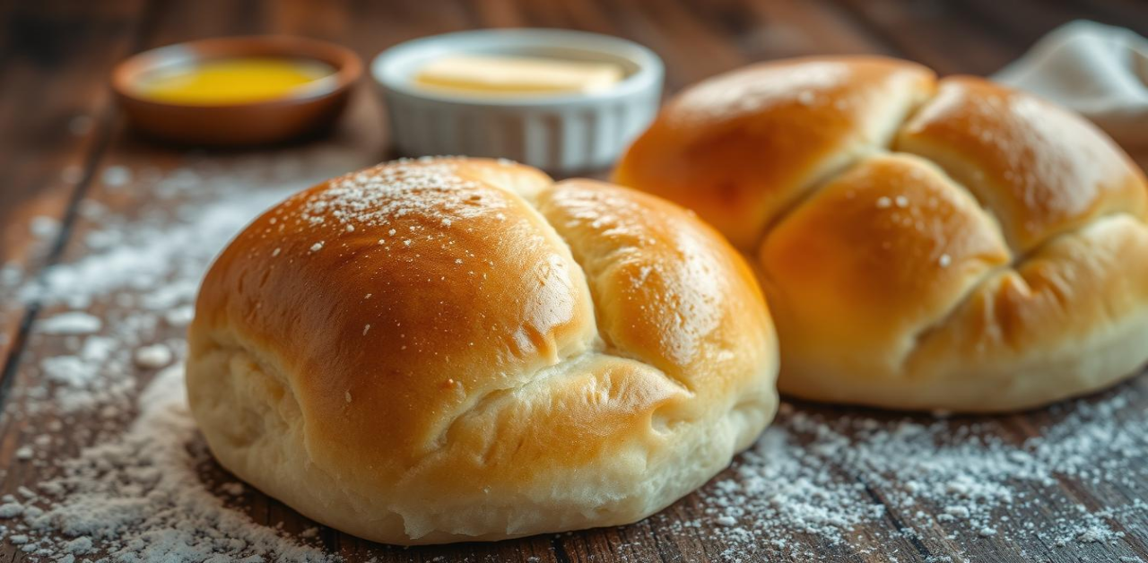 Close-up of two golden, fluffy dinner rolls dusted with flour, set on a rustic wooden table with butter and melted butter in the background