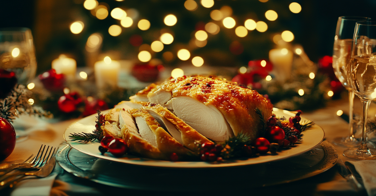 A beautifully roasted and sliced golden chicken served on a festive table with Christmas decorations and glowing lights in the background