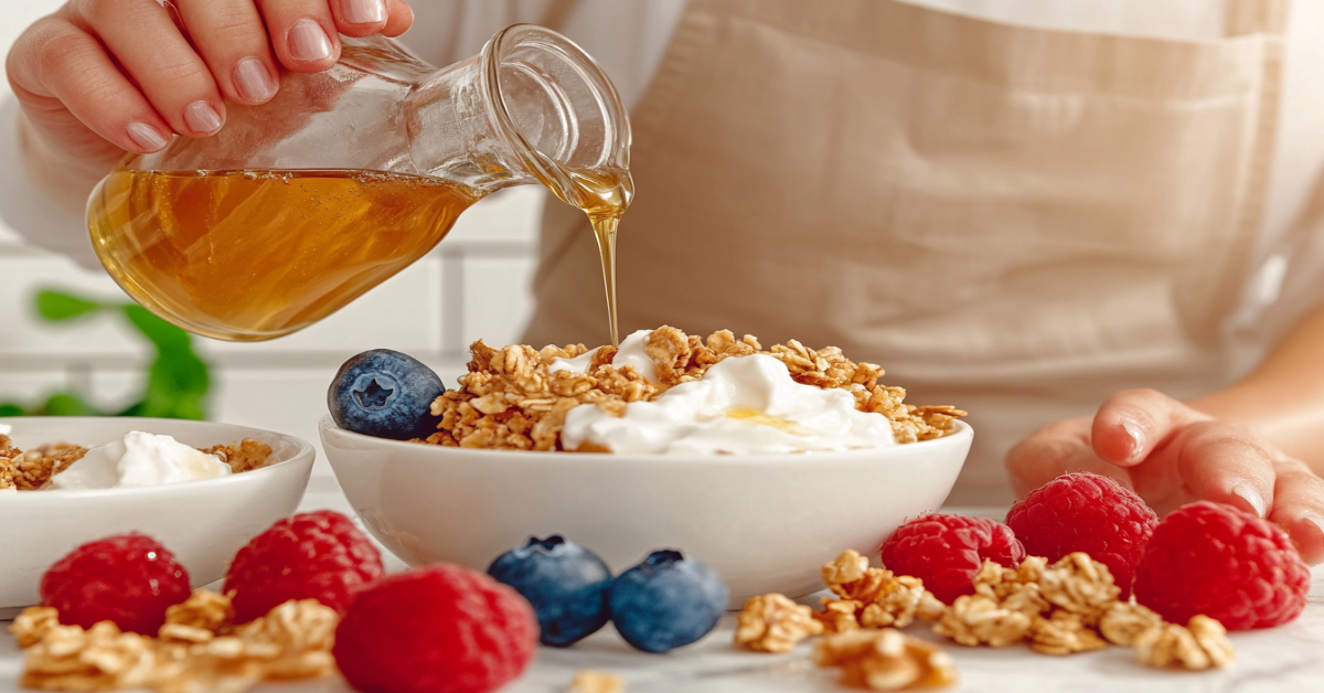 A person pouring honey over a bowl of granola and yogurt, surrounded by fresh blueberries, raspberries, and granola pieces