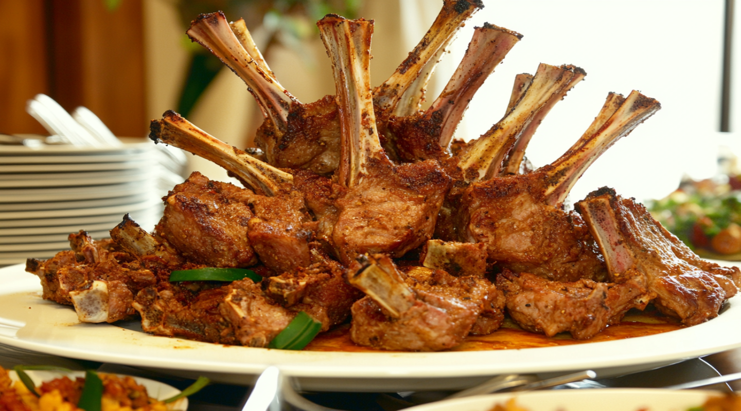 A beautifully arranged platter of grilled lamb shoulder chops seasoned with spices, served on a white plate with a background of plates and garnishes.