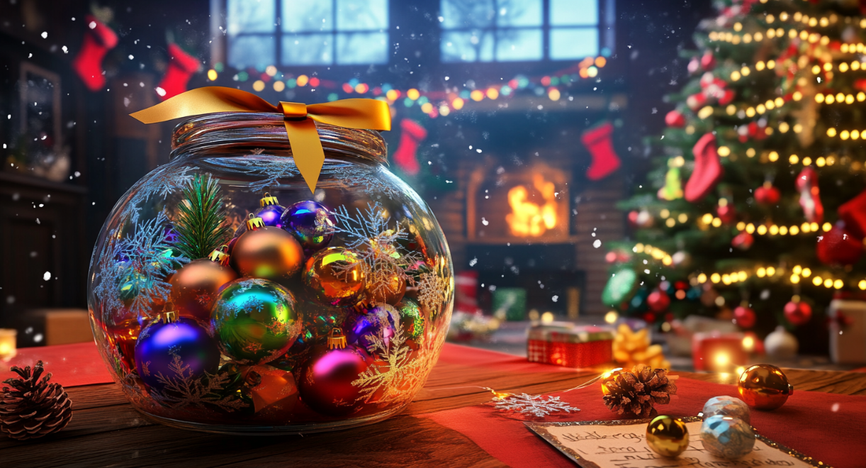 A festive Christmas scene featuring a glass jar filled with colorful ornaments, a decorated Christmas tree, and a cozy fireplace in the background
