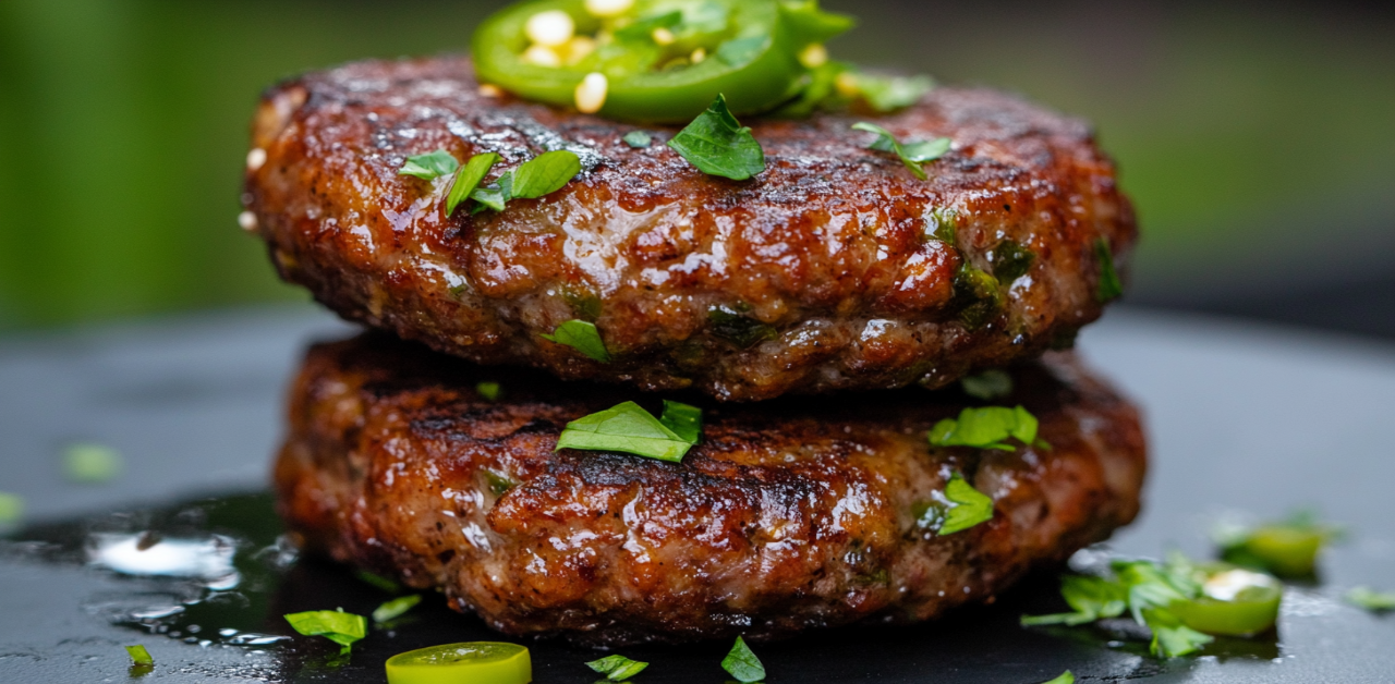 Two grilled turkey sausage patties topped with fresh green herbs and sliced jalapeño, served on a dark plate