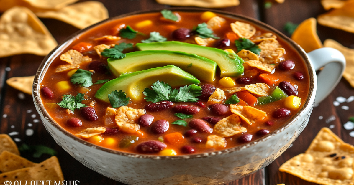 A vibrant bowl of soup with kidney beans, corn, bell peppers, avocado slices, fresh cilantro, and tortilla chips in a tomato-based broth