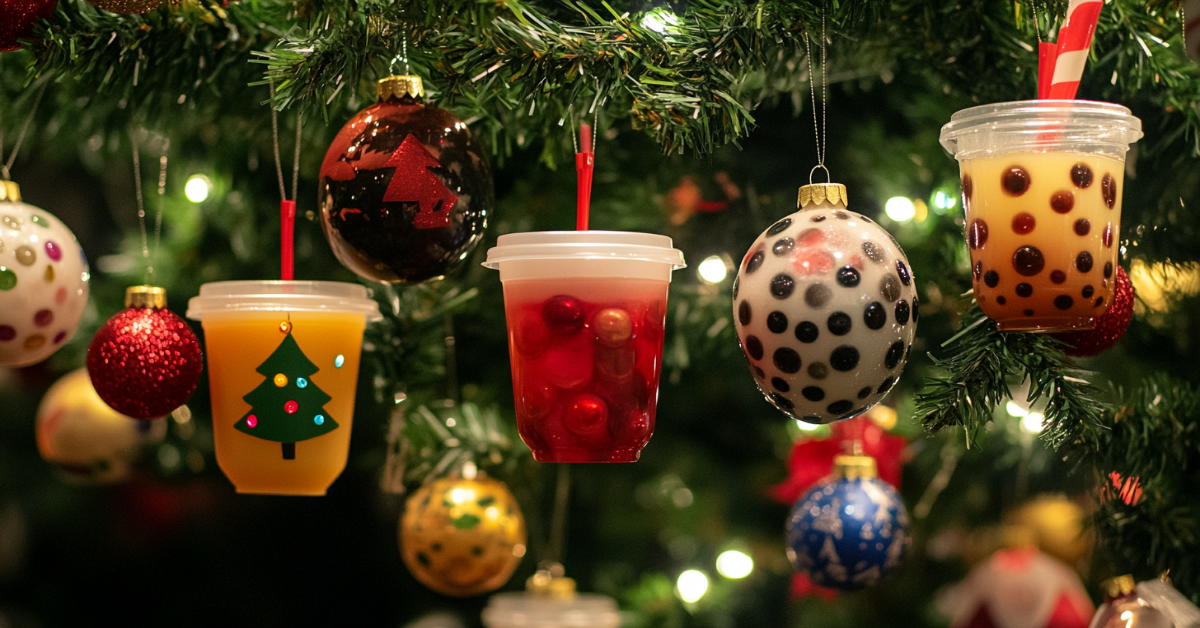 Christmas tree decorated with unique ornaments including bubble tea cups, colorful baubles, and festive designs