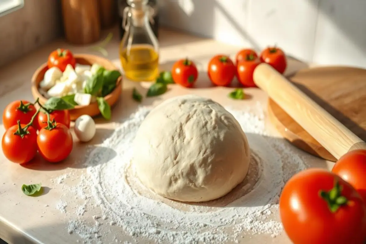 A ball of Trader Joe's pizza dough on a floured surface, surrounded by fresh tomatoes, basil, mozzarella, and olive oil, ready for pizza preparation.