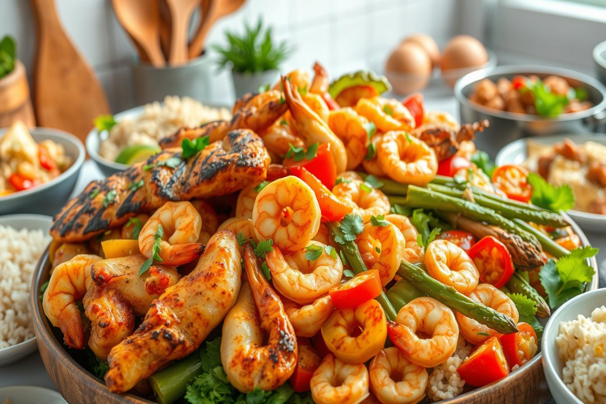 A vibrant dish featuring grilled chicken and shrimp served with colorful vegetables like asparagus, tomatoes, and peppers.