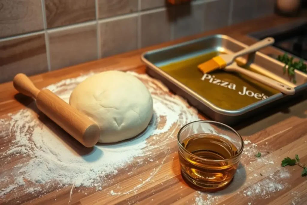 Trader Joe's pizza dough on a floured surface with a rolling pin, a dish of olive oil, and a baking tray prepared with oil for pizza making.