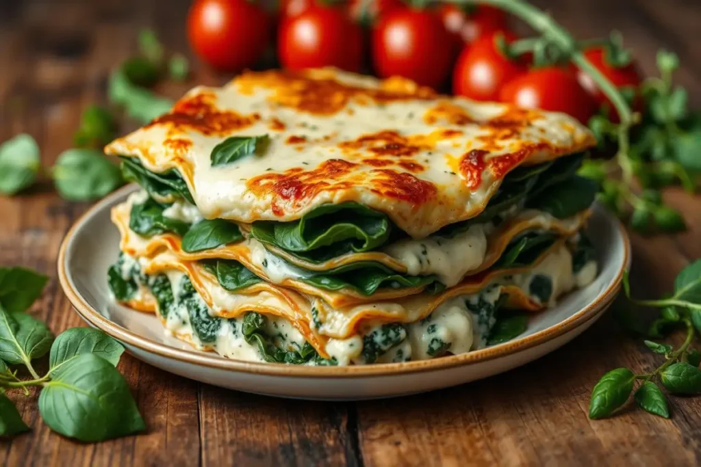 Artificial intelligence-generated image of a spinach Alfredo Lasagna with golden cheese layers, fresh spinach, and ripe tomatoes, created for ASTRORECIPES.COM