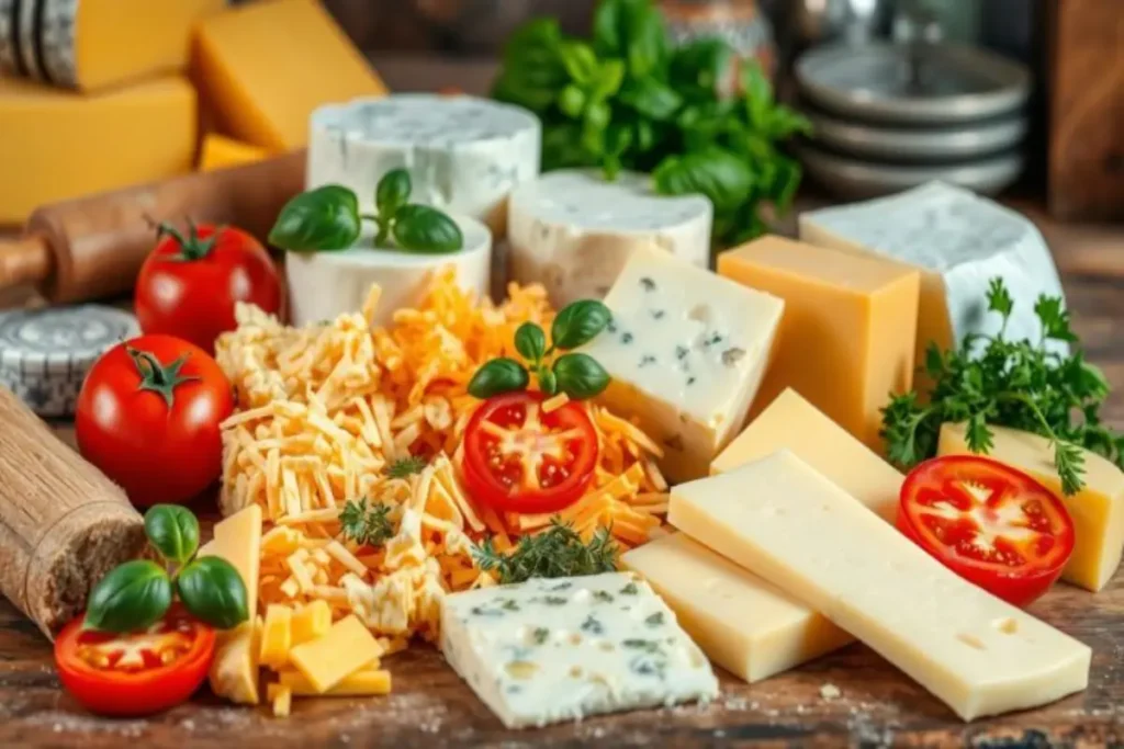 A variety of cheeses, including shredded and sliced options, with fresh tomatoes, basil, and herbs, ideal for topping Trader Joe's pizza dough.