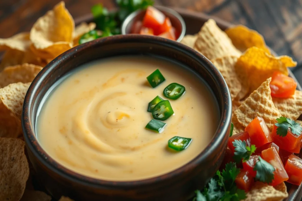 "Wooden bowl filled with creamy cheese dip, garnished with sliced jalapeños, surrounded by tortilla chips, diced tomatoes, and fresh cilantro."