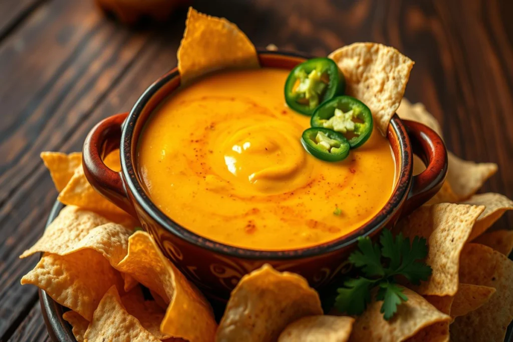 "Rustic bowl filled with vibrant yellow cheese dip, garnished with sliced jalapeños, surrounded by crispy tortilla chips on a wooden table."