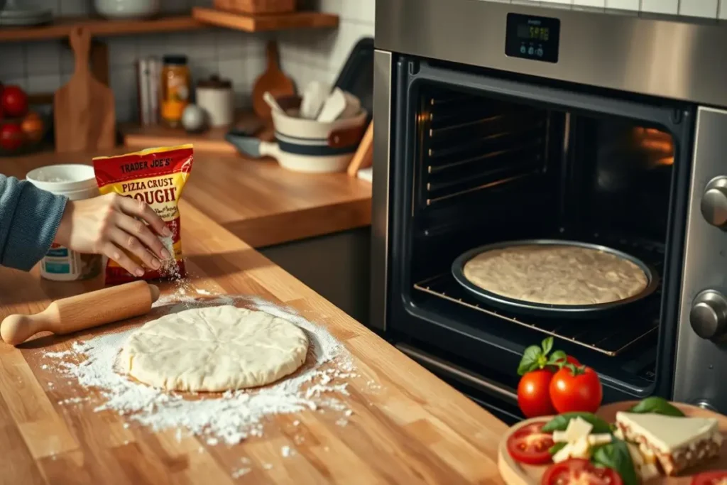 Trader Joe's pizza dough being shaped on a floured surface with a rolling pin, while another pizza dough is baking in the oven.