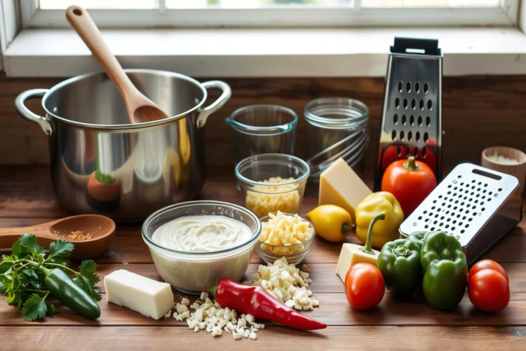 "An assortment of cooking ingredients including fresh vegetables, grated cheese, cream, and kitchen tools on a wooden countertop near a window."