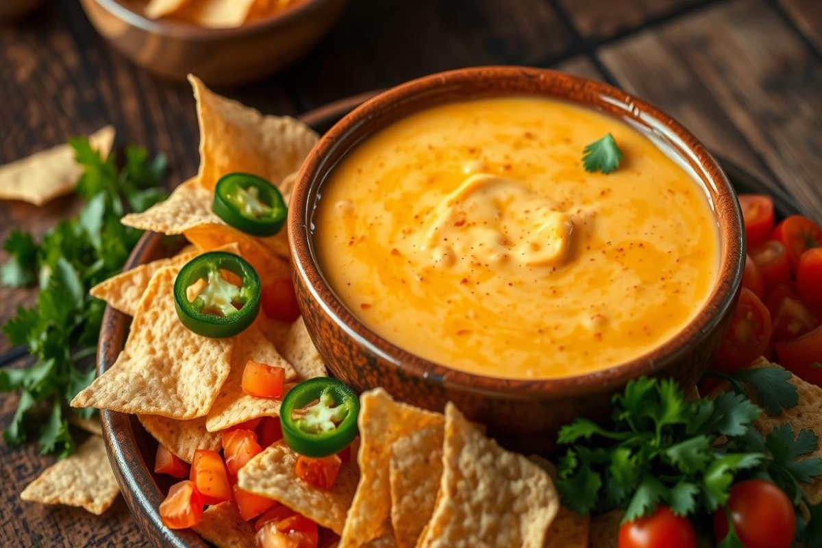 "Wooden bowl filled with creamy nacho cheese dip, surrounded by tortilla chips, sliced jalapeños, fresh cilantro, and diced tomatoes on a rustic wooden table."