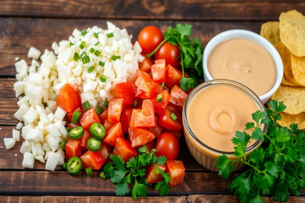 "Fresh ingredients including diced cheese, tomatoes, jalapeños, and cilantro arranged with two bowls of dipping sauce and tortilla chips on a wooden table."