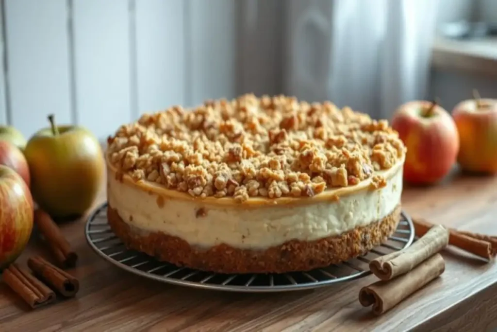 A freshly baked apple crumble cheesecake on a cooling rack, surrounded by apples and cinnamon sticks, set in a cozy kitchen