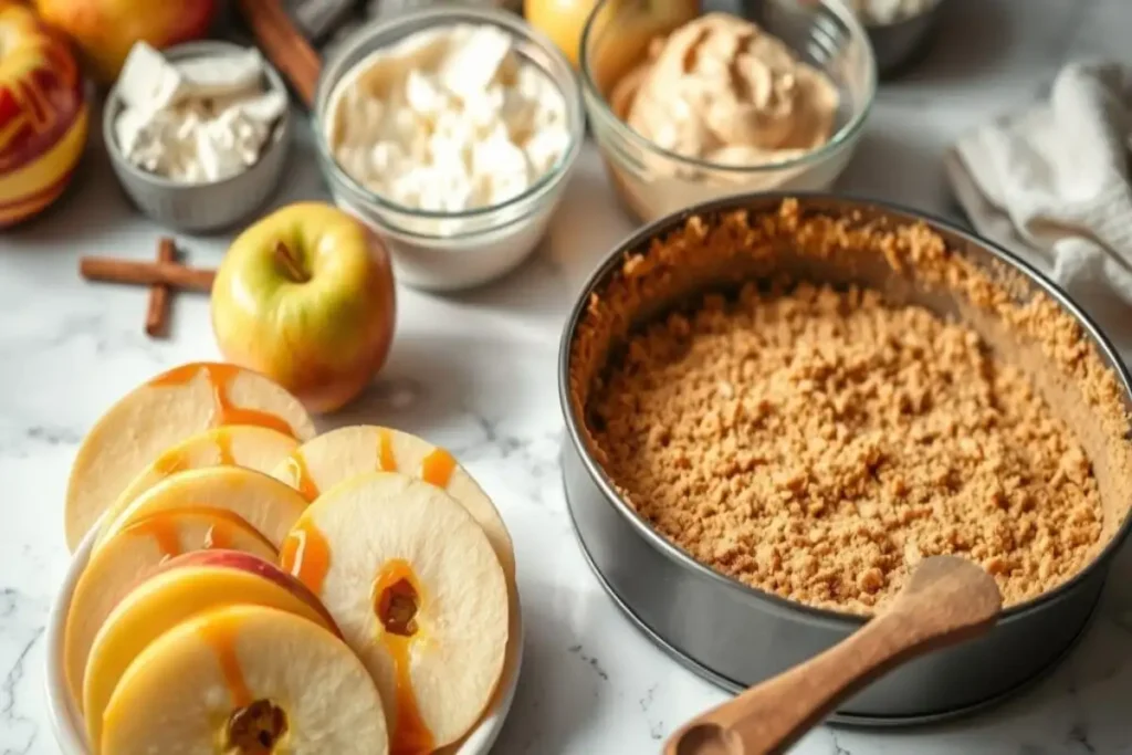 Ingredients for an apple crumble cheesecake, including sliced caramel-drizzled apples, cheesecake crust in a pan, and bowls of creamy fillings