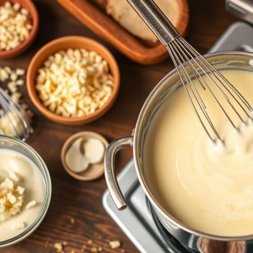 AI-generated image of garlic parmesan sauce being whisked in a pot, surrounded by fresh ingredients like grated cheese and garlic, created for ASTRORECIPES.COM.