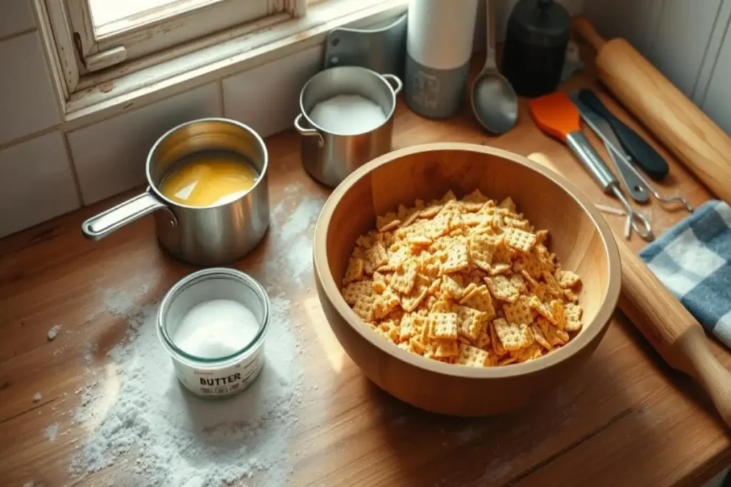 Ingredients for a cheesecake crust on a wooden kitchen countertop, including crushed crackers, melted butter, sugar, and baking tools