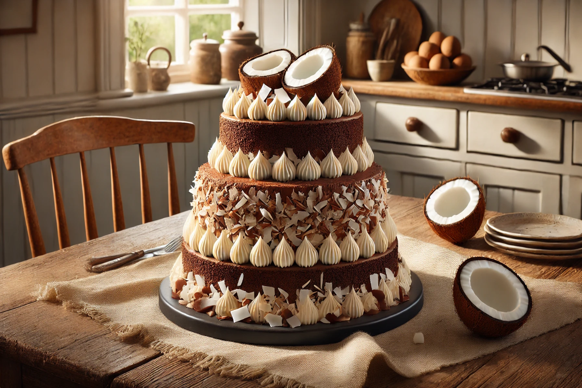 A realistic three-tier chocolate and coconut cake displayed on a rustic wooden dining table in a cozy, sunlit kitchen, garnished with fresh coconut pieces