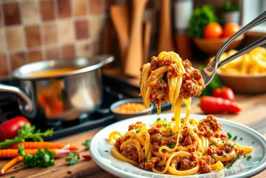 A forkful of pasta with rich meat sauce being served over a plate, surrounded by fresh ingredients and a kitchen setup in the background