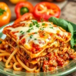 A close-up of a cheesy lasagna served on a plate with fresh basil and colorful bell peppers in the background