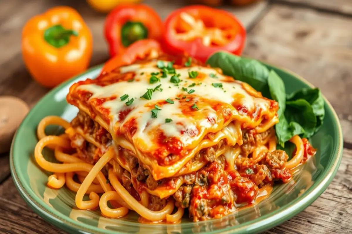 A close-up of a cheesy lasagna served on a plate with fresh basil and colorful bell peppers in the background