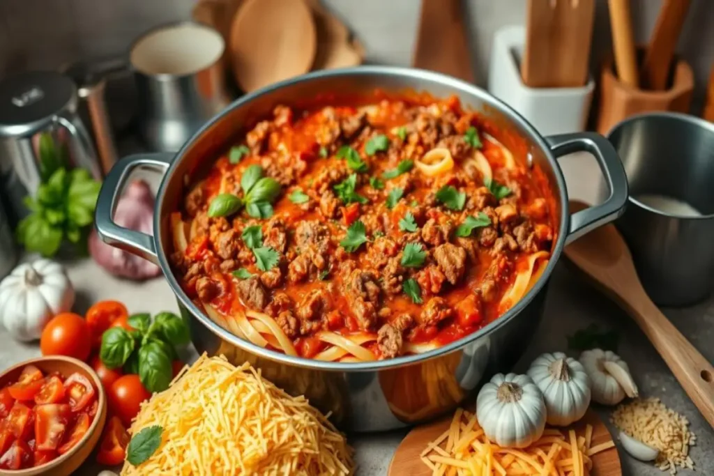 A pot of spaghetti with meat sauce garnished with fresh basil and surrounded by ingredients like cheese, garlic, and tomatoes