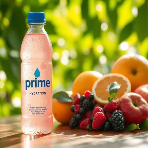 A bottle of Prime Hydration drink with a pink liquid, placed alongside fresh fruits like oranges, apples, and mixed berries, on a wooden table with a sunny, green natural background