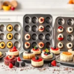 A variety of mini cheesecake pans filled with individual cheesecakes, topped with fresh berries, mint leaves, and chocolate, displayed on a kitchen countertop