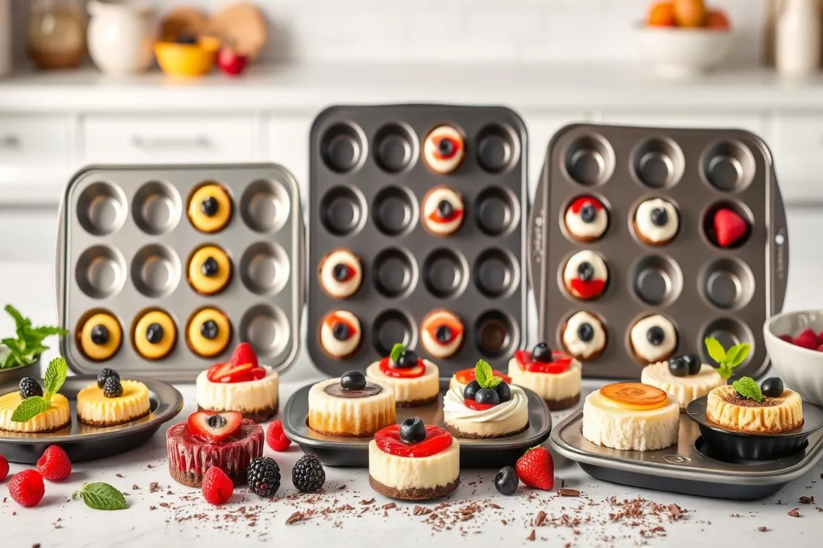 A variety of mini cheesecake pans filled with individual cheesecakes, topped with fresh berries, mint leaves, and chocolate, displayed on a kitchen countertop