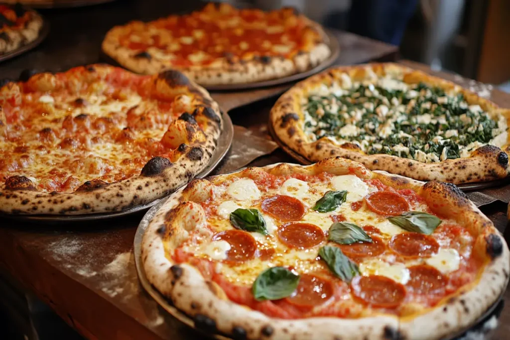 Freshly baked pizzas with charred crusts, topped with pepperoni, basil, cheese, and spinach, showcasing a variety of flavors.