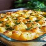 Golden pineapple casserole topped with fresh parsley in a glass baking dish