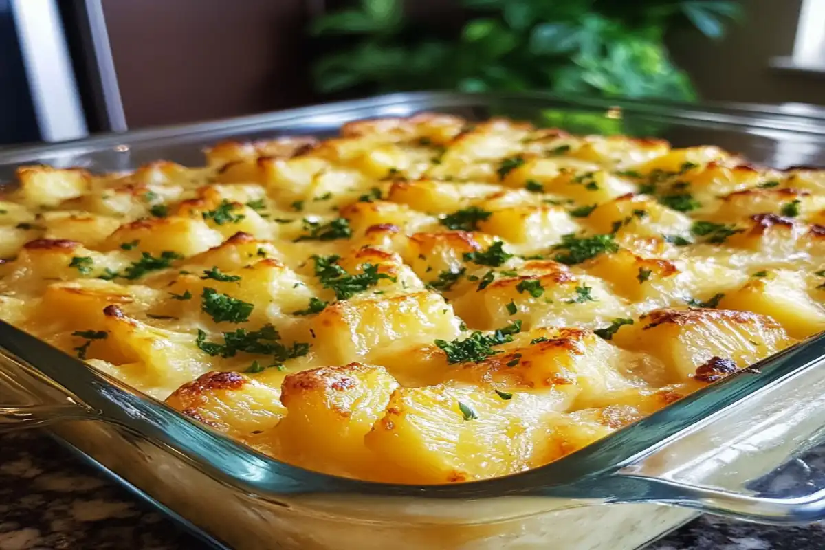 Golden pineapple casserole topped with fresh parsley in a glass baking dish