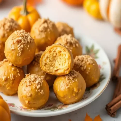 Plate of no-bake pumpkin cheesecake balls topped with crushed graham crackers, surrounded by mini pumpkins, cinnamon sticks, and autumn leaves