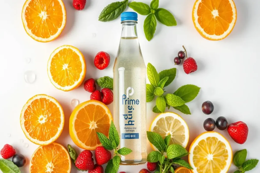 A bottle of Prime Juice surrounded by fresh orange slices, lemons, raspberries, mint leaves, and berries, arranged on a white background.